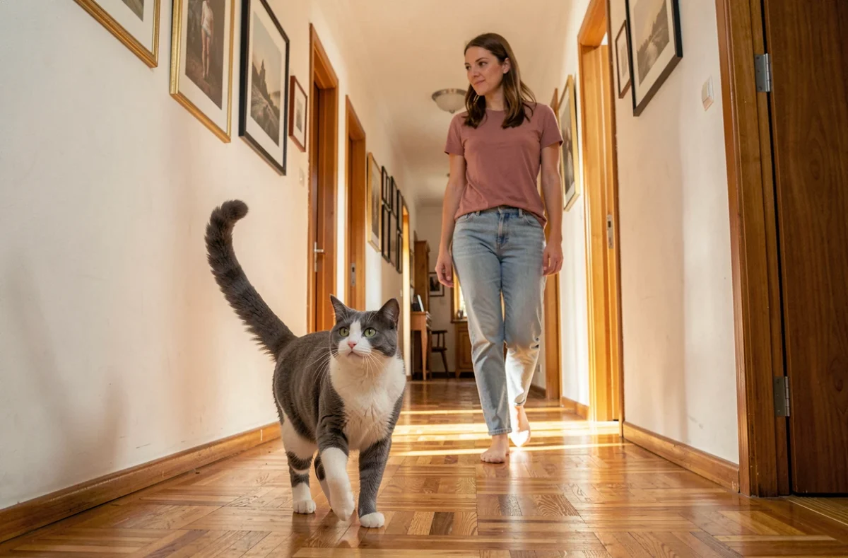 Chat gris et blanc suivant sa propriétaire dans un couloir d'appartement la queue dressée en signe de bienvenue