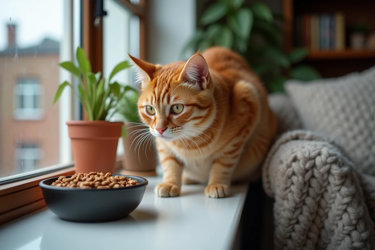 Chat roux sur le rebord de la fenêtre observant la nourriture