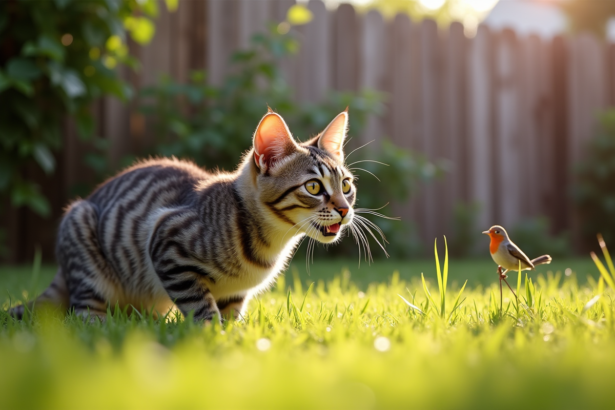 Jeune chat tabby dans un jardin ensoleille