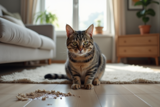 Chat tabby stressé dans un salon moderne intérieur