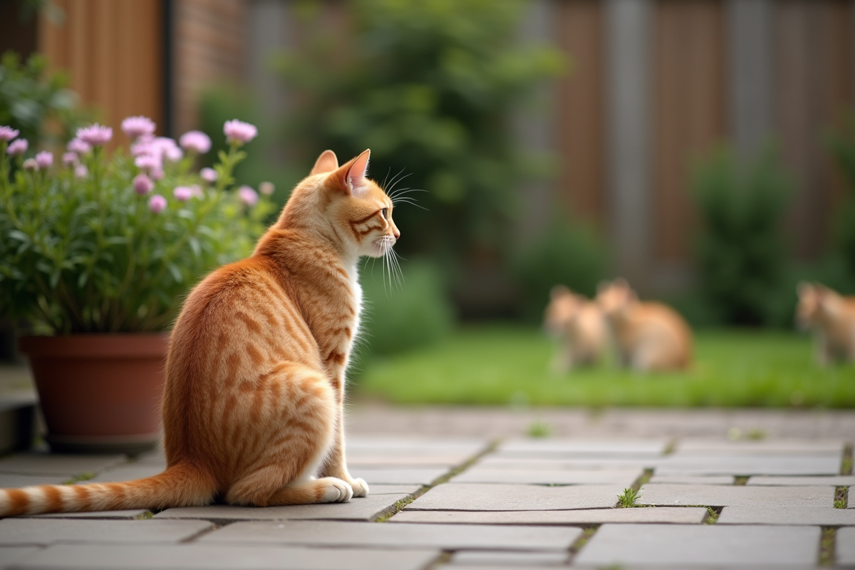 Chat tigré orange observant des chatons dans le jardin
