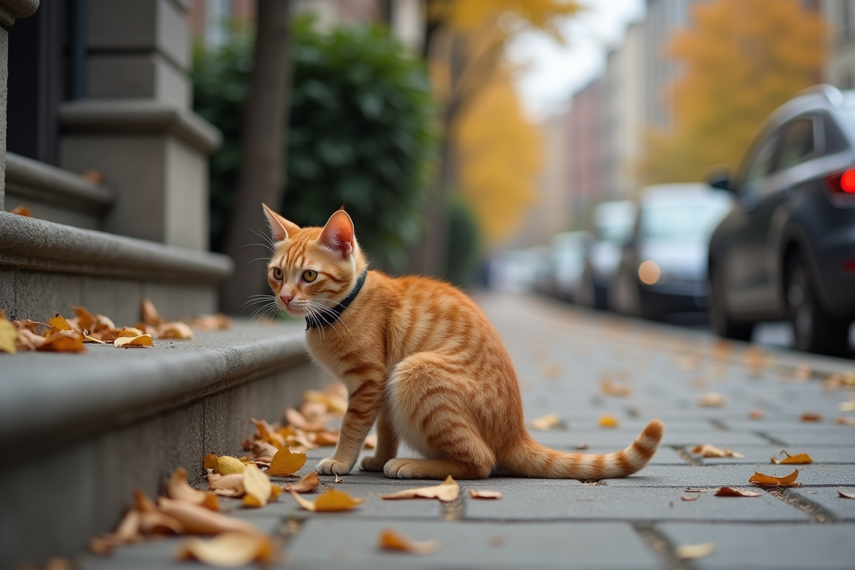 Chat roux assis sur le trottoir d