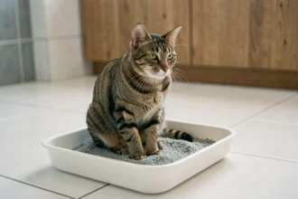 Chat tigré en train d'utiliser sa litière propre dans une salle de bain moderne
