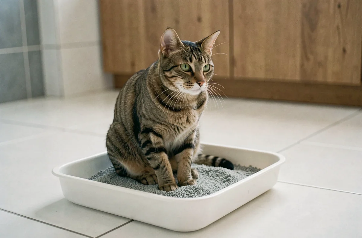 Chat tigré en train d'utiliser sa litière propre dans une salle de bain moderne