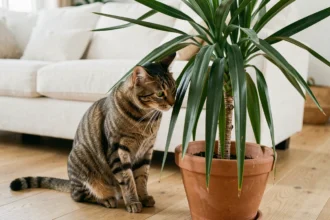 Chat tigré reniflant les feuilles d'un yucca en pot dans un salon moderne