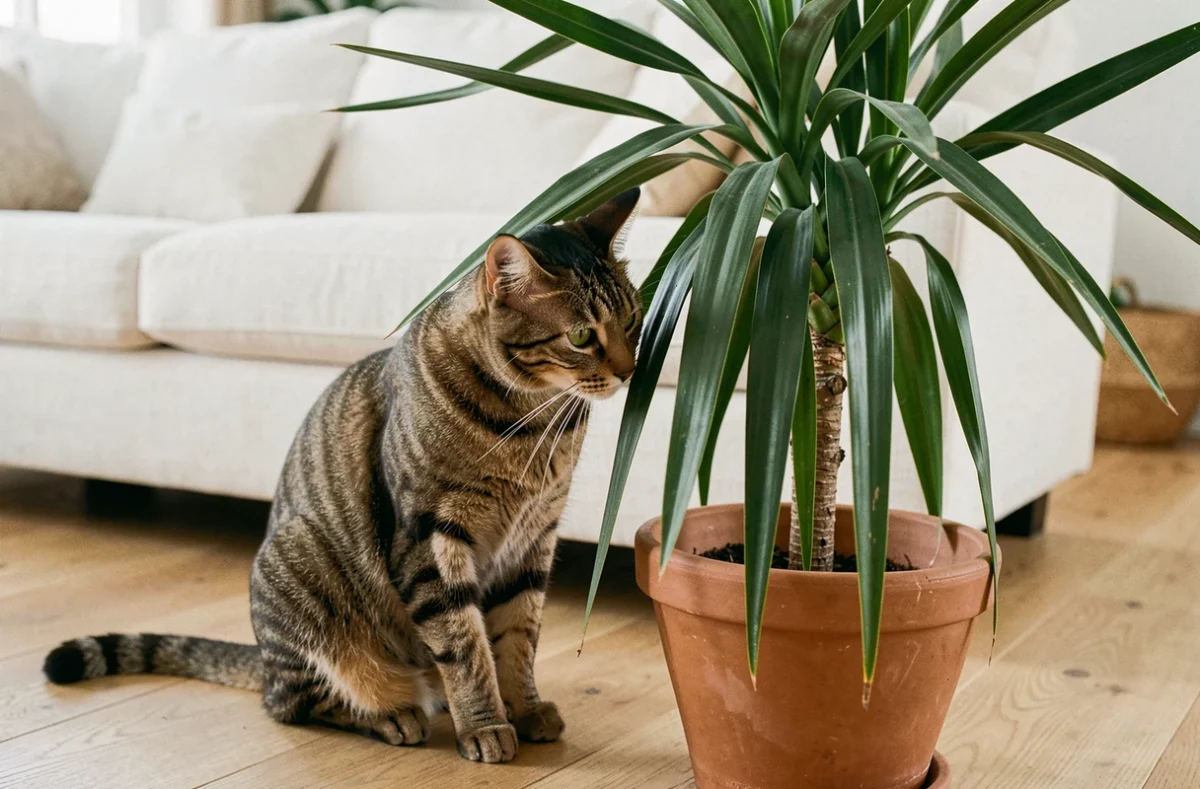Chat tigré reniflant les feuilles d'un yucca en pot dans un salon moderne
