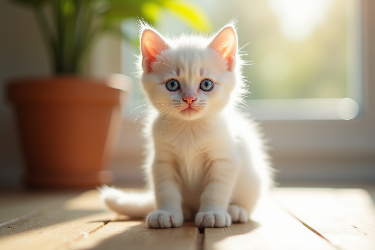 Chaton blanc aux yeux bleus sur sol en bois en lumière naturelle