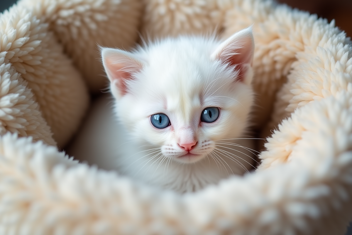 Chaton blanc aux yeux bleus dans une couverture beige douce