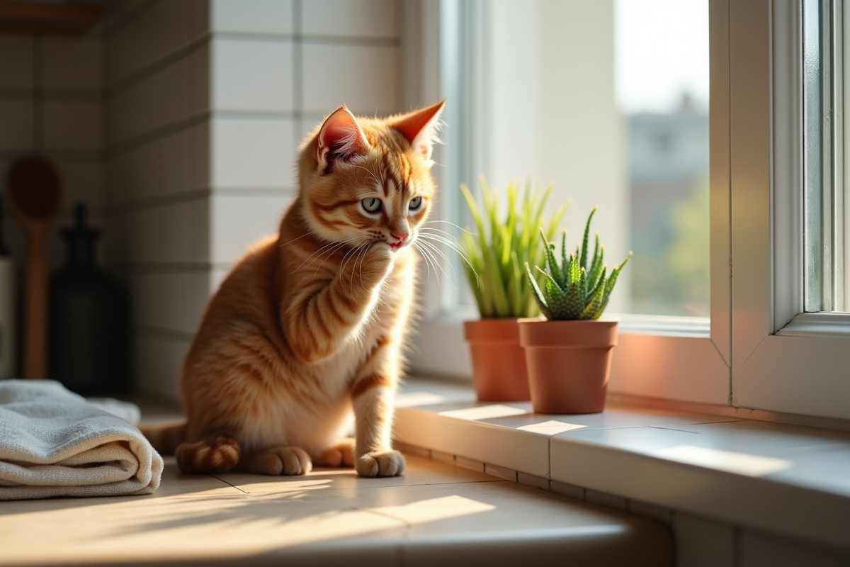 Chaton roux calmement sur une fenêtre ensoleillée