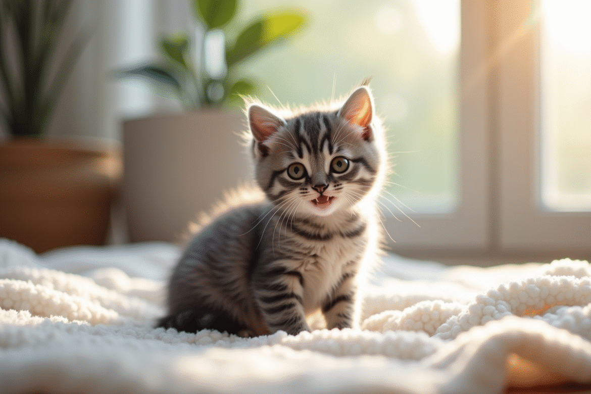 Chaton gris joueur dans un salon lumineux