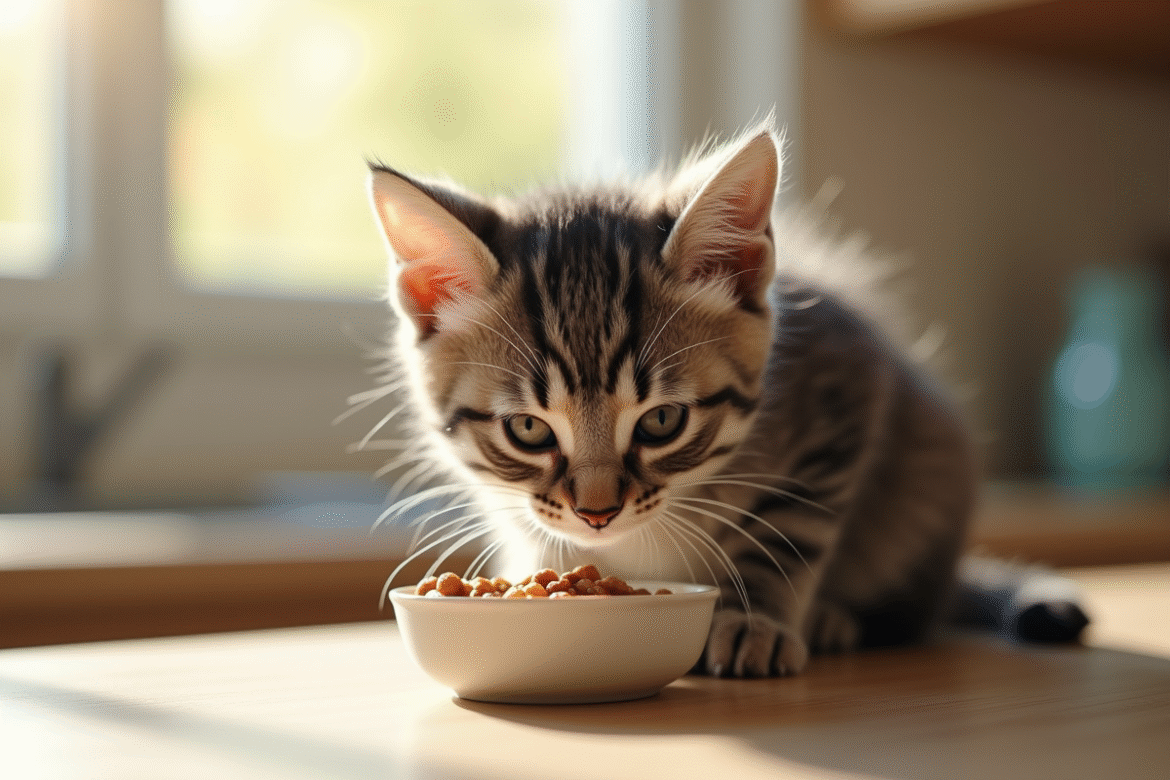Chaton gris curieux sentant une nourriture dans la cuisine