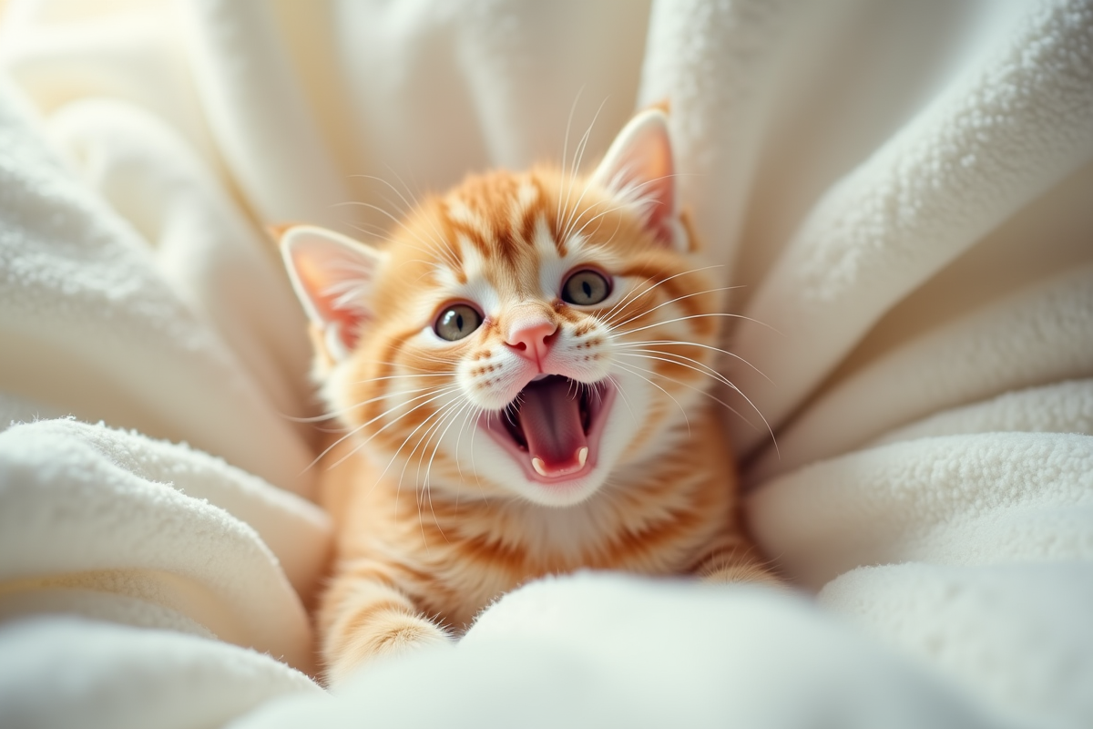 Chaton orange jouant sur une couverture blanche vue de dessus