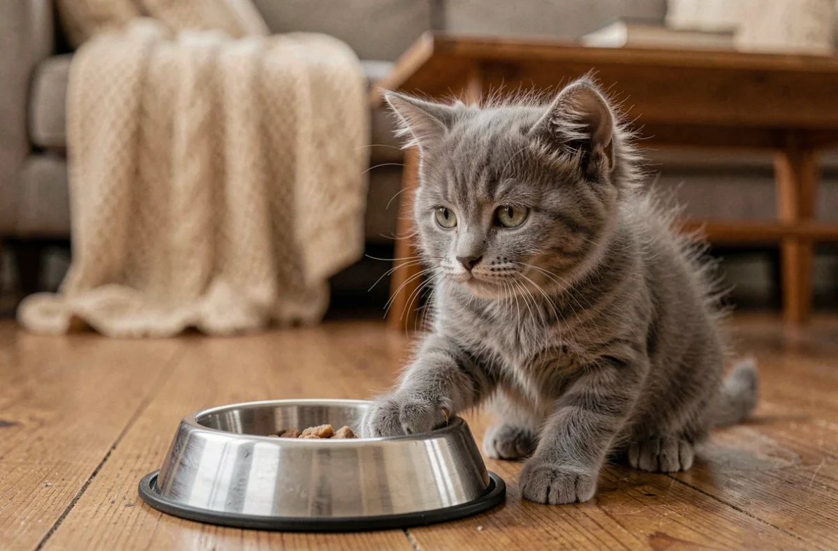 Chaton gris apathique assis près d'une gamelle de nourriture humide sur un parquet, symptôme de perte d'appétit