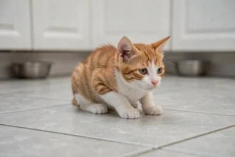 Chaton tigré orange en posture de nausée sur un carrelage gris de cuisine, dos arqué et cou tendu