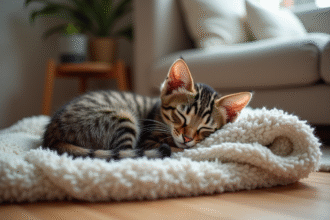 Chaton tabby de six mois allongé sur une couverture douce