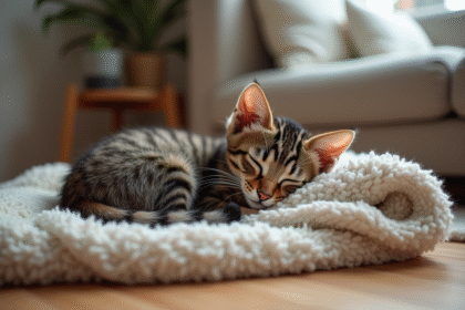 Chaton tabby de six mois allongé sur une couverture douce