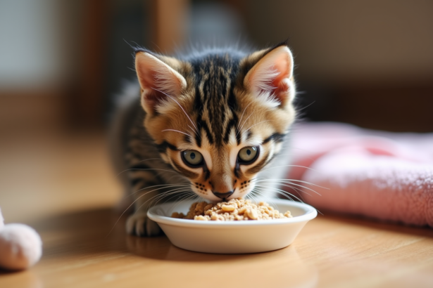 Chaton tabby de 7 semaines mangeant doucement dans une assiette