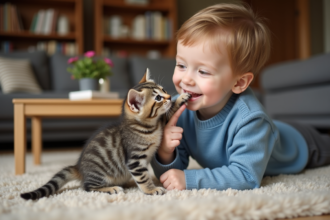 Jeune enfant souriant avec un chaton tigre jouant