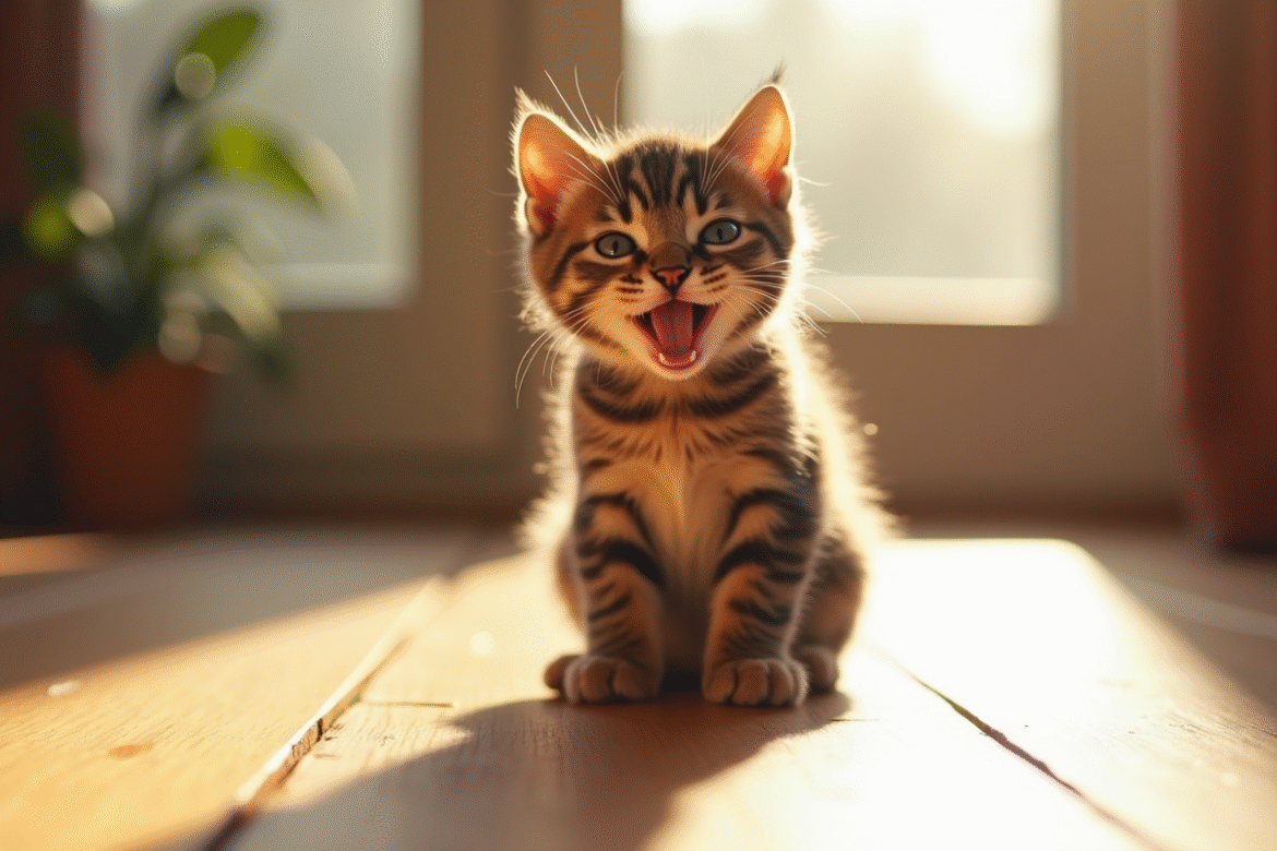 Chaton tigré assis sur un sol en bois ensoleille avec expression