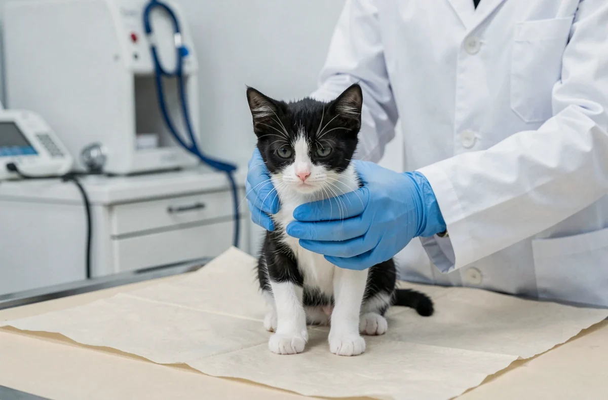 Chaton noir et blanc examiné par un vétérinaire sur une table de consultation, contexte médical vétérinaire