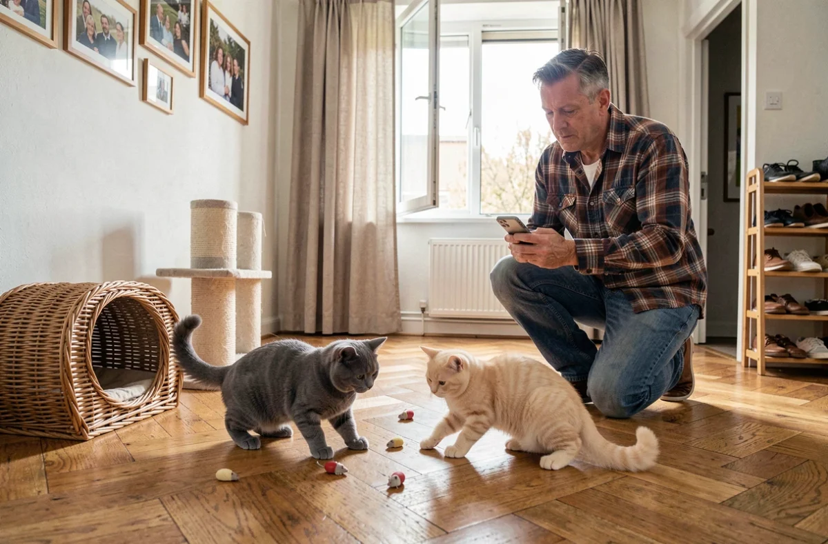 Deux chatons British Shorthair jouant dans un intérieur domestique authentique sous le regard attentif d'un éleveur particulier