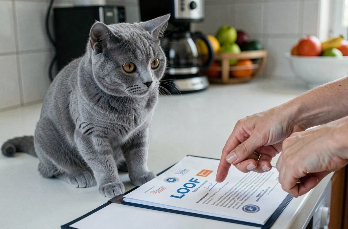 Gros plan d'une chatte chaton British Shorthair bleue posée près des documents officiels LOOF présentés par un particulier sérieux