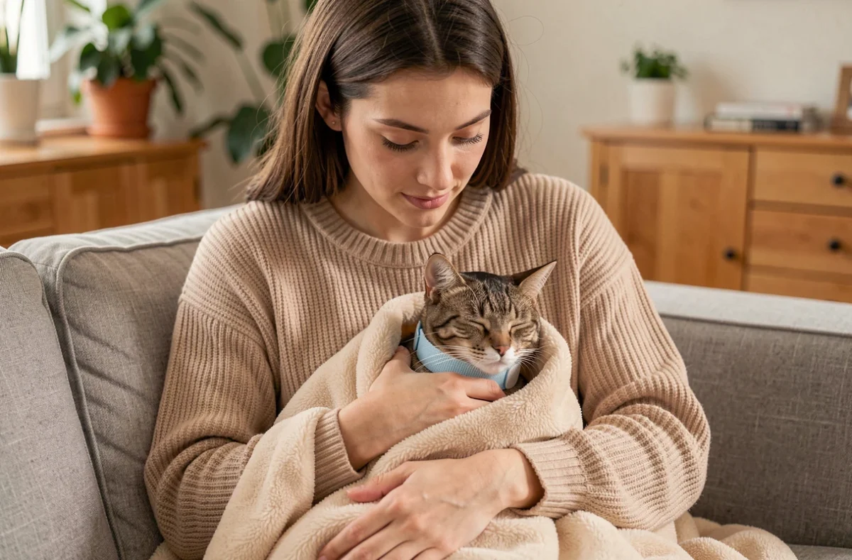 Femme tenant dans ses bras une chatte en convalescence avec une collerette après une opération de stérilisation