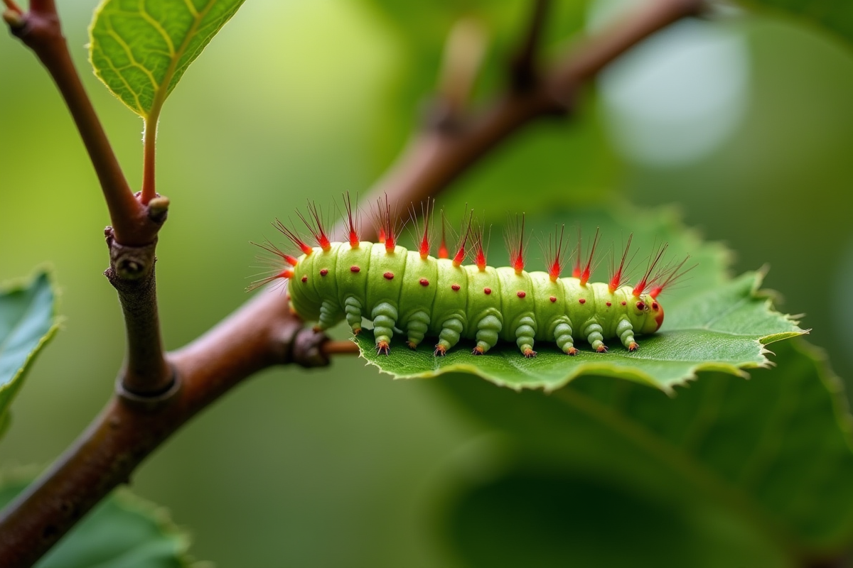 Gros plan d'une chenille sur une feuille de pommier
