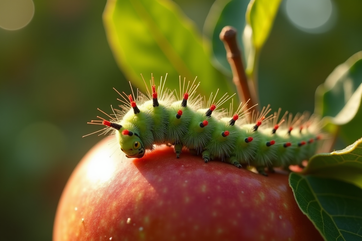 Chenille reposant sur un fruit de pomme en extérieur