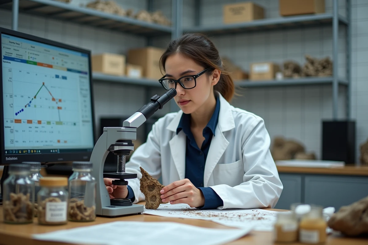 Chercheuse analysant un fragment osseux de mammouth en laboratoire, illustrant les études scientifiques sur les causes de la disparition des mammouths
