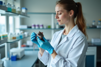 Chercheuse en laboratoire tenant une souris dans ses mains