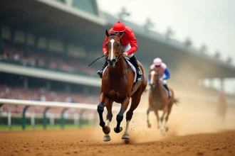 Cheval de course pur-sang au galop sur une piste en terre lors d'une grande course hippique