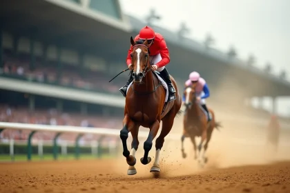 Cheval de course pur-sang au galop sur une piste en terre lors d'une grande course hippique