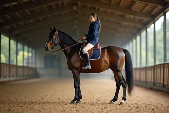 Jeune cavalière ajustant ses étriers sur un cheval d'école bai dans un manège couvert, ambiance authentique de cours d'équitation