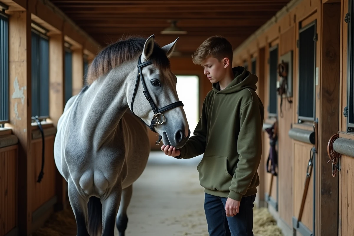 Adolescent en train de panser un cheval d'école gris dans l'allée d'une écurie en bois traditionnelle, scène de soin quotidien