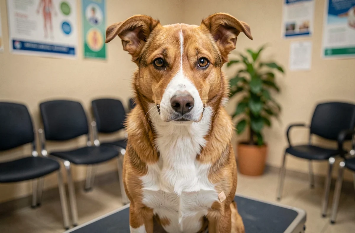 Chien métis après sa vaccination contre la leptospirose dans une salle d'attente vétérinaire