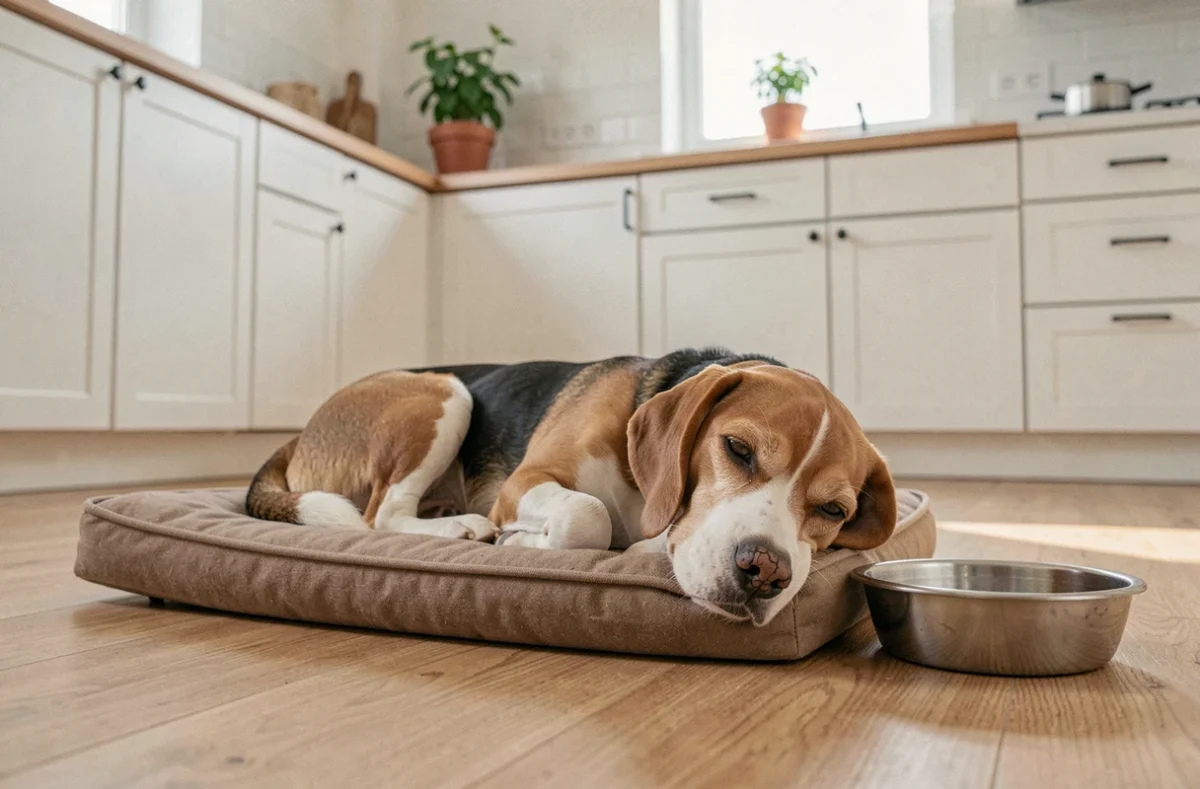 Chien beagle allongé sur son panier avec un nez sec, signe possible de fièvre
