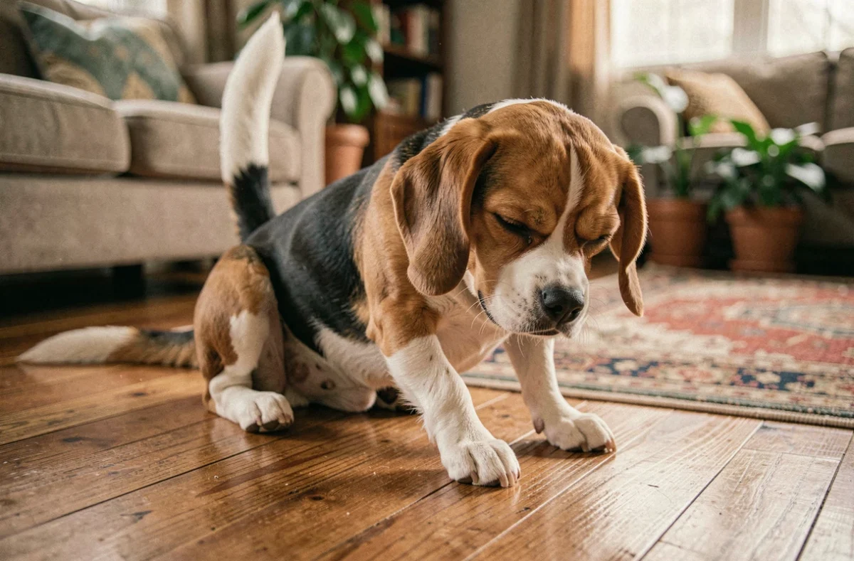 Chien beagle se frottant les fesses sur le sol en signe d'inconfort anal