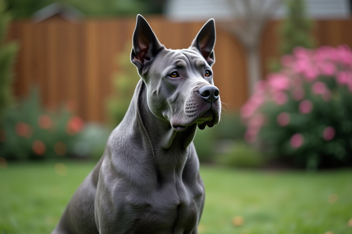 Chien Cane Corso bleu assis dans un jardin fleuri