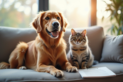 Chien golden retriever et chat assis ensemble sur un canapé lumineux