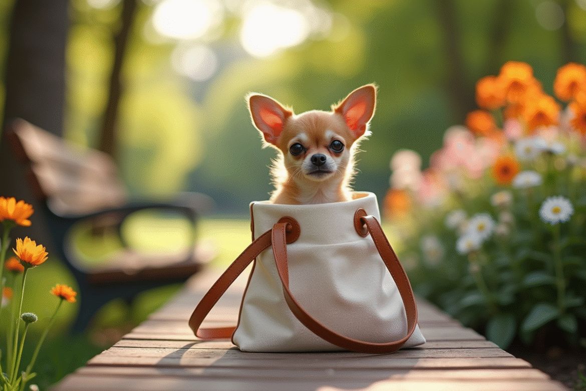 Petit chien Chihuahua dans un sac en toile en plein soleil