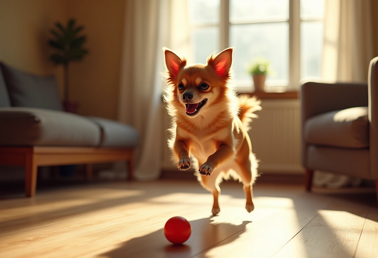 Chihuahua sautant pour attraper une balle rouge dans un salon chaleureux