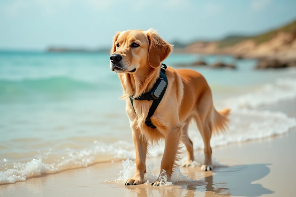 Golden retriever avec collier GPS étanche sur une plage de mer pendant les vacances