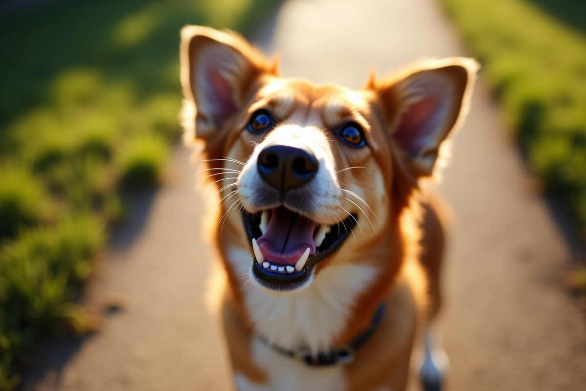 Chien curieux regardant en haut dans un chemin ensoleille