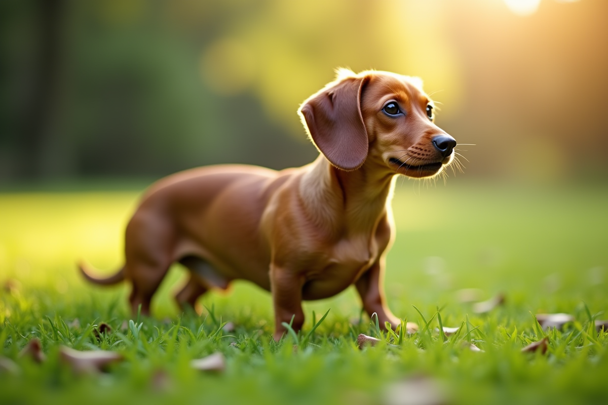 Chien dachshund en extérieur dans un parc en lumière douce du matin