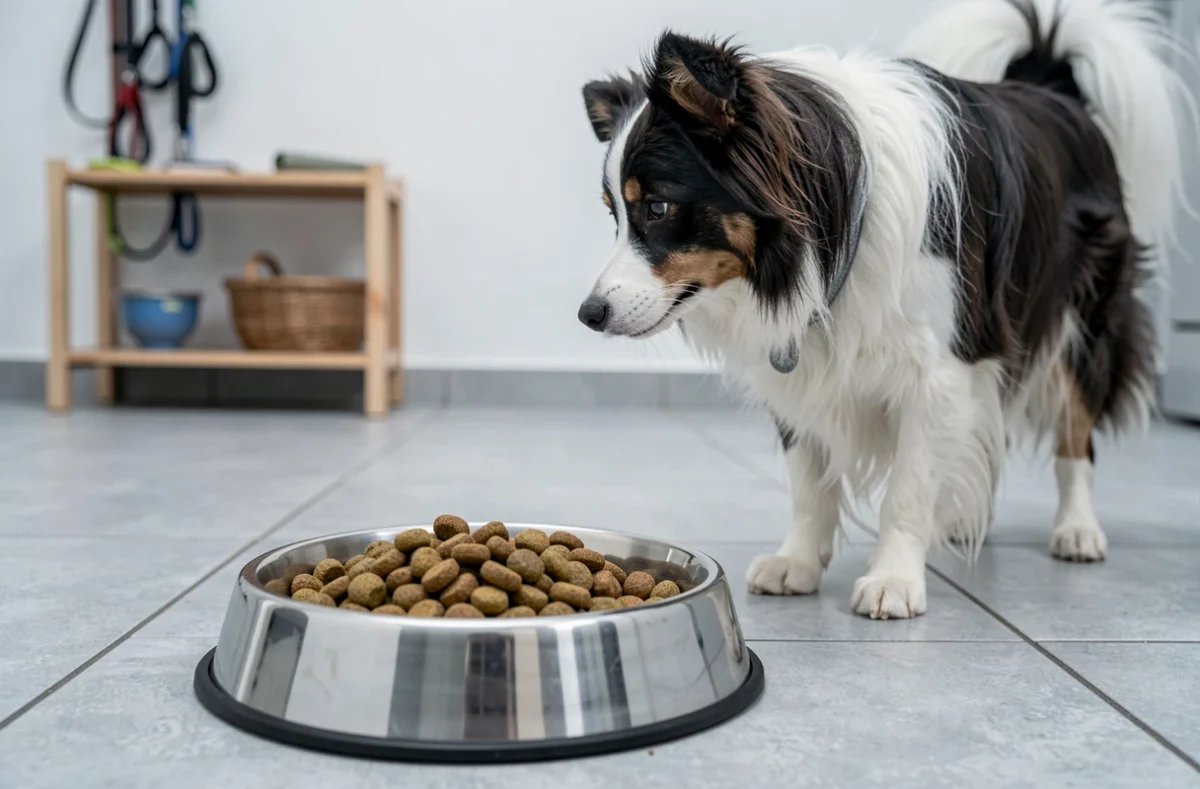 Chien border collie qui détourne la tête devant sa gamelle en inox remplie de croquettes sur un sol carrelé