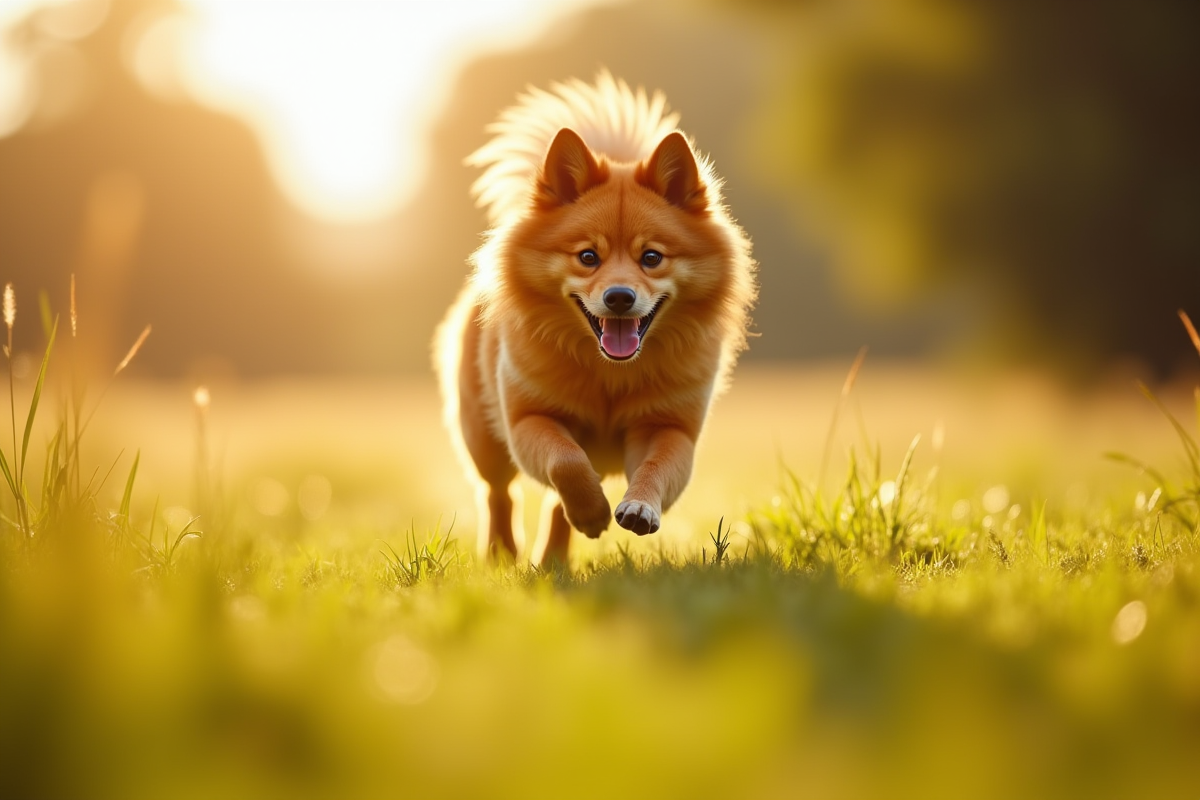 Finnish Spitz courant dans un champ ensoleille