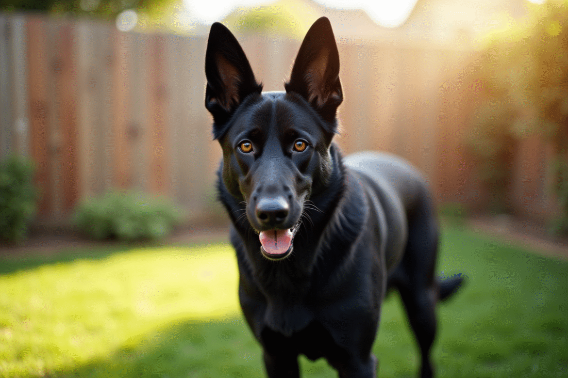 Chien berger allemand noir en extérieur en plein soleil