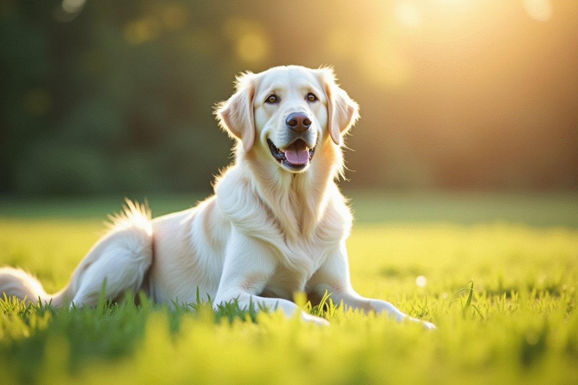 Chien golden retriever blanc dans une prairie ensoleillee