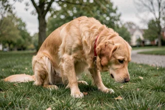Chien golden retriever faisant pipi sur l'herbe dans un parc suburban